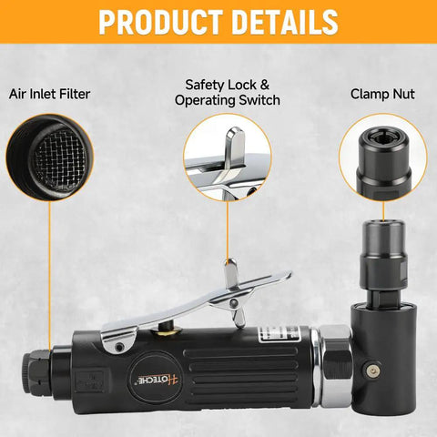 Lightweight One Quarter Inch Air Powered Right Angle Die Grinder details showing air inlet filter, safety lock, and clamp nut.