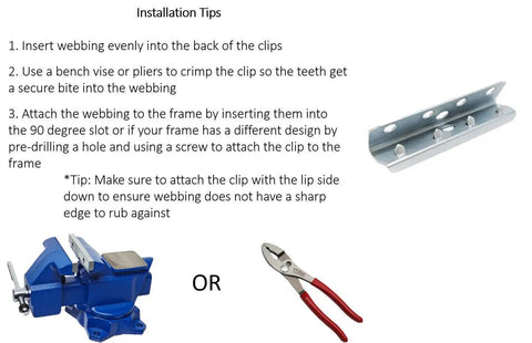 Installation tips with metal end clips, bench vise, and pliers for 2 inch webbing, rubber upholstery, and chair repair.