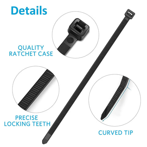 12 Inch Black Zip Ties 100 Pack 40 Lb Tensile Strength Self Locking Cable Ties For Indoor And Outdoor Use UV Frost Resistant Weatherproof Wire Ties For DIY Projects And Home Fixes, close-up of ratchet case and curved tip