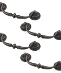 Set of four Antique Bronze Drop Swing Cabinet Pulls, 4.09 inch bail handles made of rustproof zinc alloy, shown with mounting screws