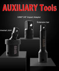 Impact Socket Set 54 Piece Quarter Inch Drive, 6 Point, SAE and Metric auxiliary tools: universal joint, adaptor, bar.