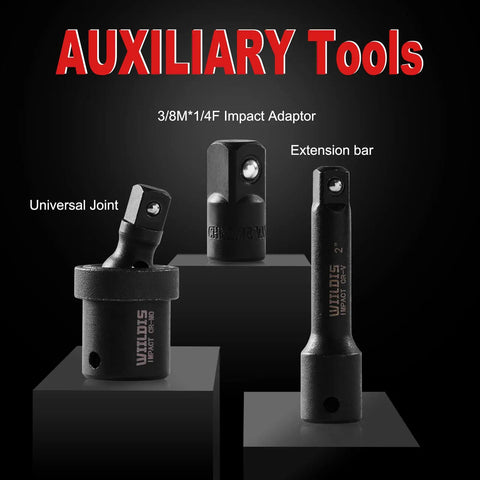 Impact Socket Set 54 Piece Quarter Inch Drive, 6 Point, SAE and Metric auxiliary tools: universal joint, adaptor, bar.