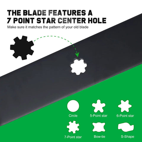 Image of 42 Inch Mulching Mower Blades For 7 Star Mounting Pattern Replacement Blades 42 Inch Deck Riding Lawn Tractor Easy Install Heavy Duty Cut For D100 D105 D110 D125 D130 E100 LA125 LA115 LA105 showing 7-point star mounting hole design.