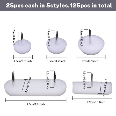 125 Piece White Tack In Drawer Glides Heavy Duty Furniture Slider Repair Kit For Dressers with various glide styles and sizes.
