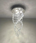 Modern Spiral Raindrop Crystal Chandelier Three Light Flush Mount Ceiling Fixture with K9 Crystal Orbs, sleek design.