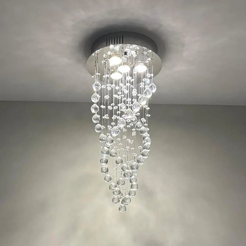 Modern Spiral Raindrop Crystal Chandelier Three Light Flush Mount Ceiling Fixture with K9 Crystal Orbs, sleek design.