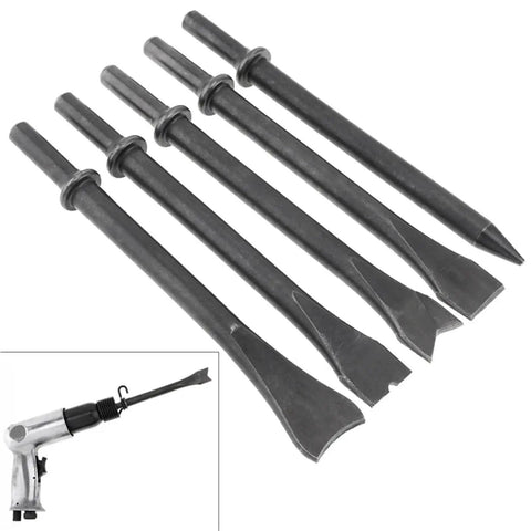 Versatile Air Hammer Kit With 8 Pc Chisel Heads For Rust Removal Metal Chipping And Heavy Duty Automotive Repair Tools Built Tough To Chip Old Paint. Set of 5 black steel air hammer chisels shown with pneumatic tool