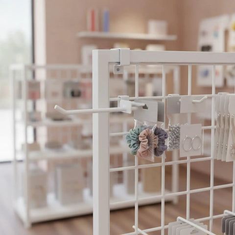 Square Profile Metal Grid Hook For Retail Displays holding accessories on shelving in a store, secure mount hanger.