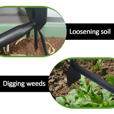 Close-up of 2 In 1 Garden Hoe And Cultivator With Adjustable Handle Built Tough Carbon Steel Blade loosening soil and digging weeds