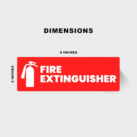 High Visibility Fire Extinguisher Sticker Set for Office and Commercial Spaces No Brainer Safety Sign for Landlords and Short Term Rentals 6x2 Inches Includes Four Labels for Quick Access and Compliance showing dimensions of 6x2 inches with a red fire extinguisher symbol