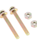 Two yellow zinc-coated bolts with nuts, hex washer heads, and threaded bodies, shown aligned side by side on a white background.