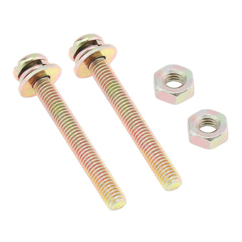 Two yellow zinc-coated bolts with nuts, hex washer heads, and threaded bodies, shown aligned side by side on a white background.
