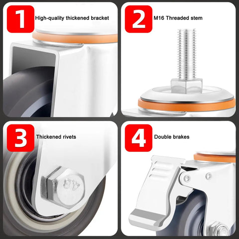 Close-up of heavy duty swivel caster wheels with brakes showing thickened bracket, M16 threaded stem, thickened rivets, double brakes.