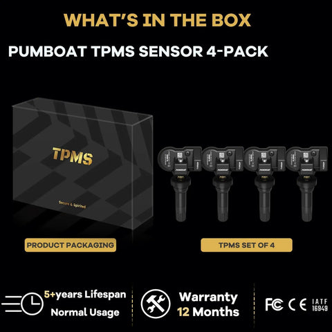 Four Pack 433MHz Tire Pressure Sensor Kit For GM Rigs, Trucks And SUVs Silverado Traverse Malibu Camaro Suburban Tahoe Blazer Cruze, Easy Install, Accurate TPMS Monitoring, No Tool Needed, four TPMS sensors and box