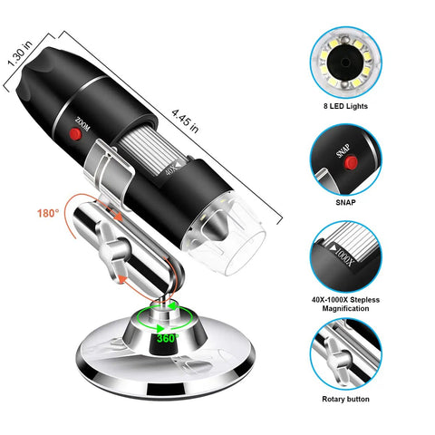 USB Digital Microscope For Android Windows Linux And Mac High Resolution Wired Scope With Live View Screenshot And Video Capture Ideal For Coins Electronics Microbiology And Tiny Details. Black 40x-1000x microscope with 8 LEDs and adjustable stand