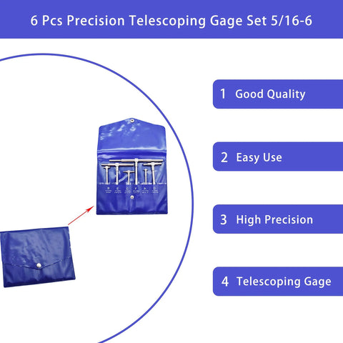 Waltyotur 6-piece precision telescoping gage set with blue pouch, 5/16-6 range
