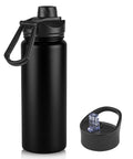 24oz Insulated Water Bottle Built Tough With Premium Stainless Steel And Double Wall Vacuum Keeping Drinks Icy Cold Through Any Adventure Featuring Chug Ready Leakproof Straw And Wide Mouth Lids For The Daily Grind Or Trail Hikes In Smooth Black, showing the black bottle with a detachable lid.