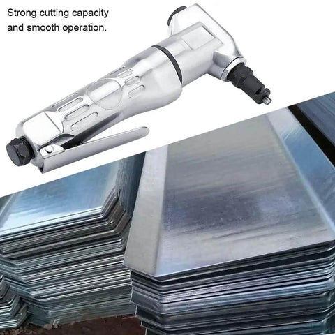 Air Nibbler Metal Cutter Drill Attachment 2800 RPM Shears Tool shown with metal sheets, emphasizing its cutting capacity and smooth operation.