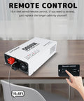 Ready To Rock 5000 Watt Power Inverter Converting 12V DC To 110V AC with 16.4 feet wired remote control on a desk.