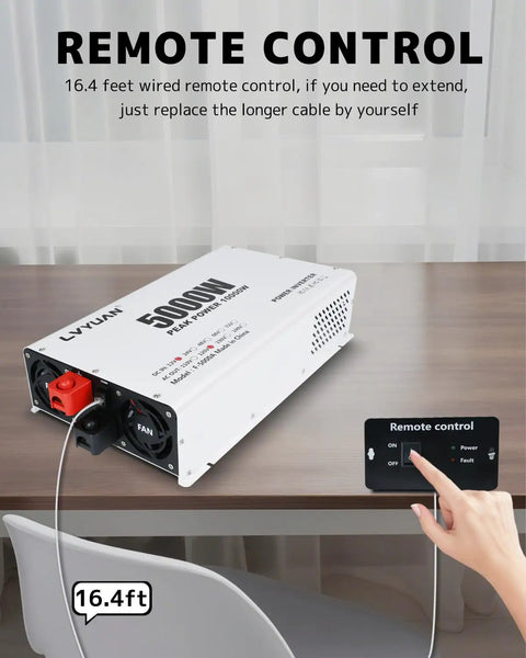 Ready To Rock 5000 Watt Power Inverter Converting 12V DC To 110V AC with 16.4 feet wired remote control on a desk.