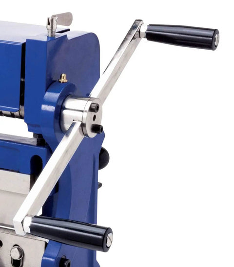 Close-up of handle on 12 Inch 3 In 1 Sheet Metal Brake Shear And Slip Roll Machine For DIYers And Pros, Compact Space Saving Design
