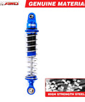 Aluminum Shock Absorbers With Spare Springs Front And Rear, 6-Piece Upgrade Kit For Losi 1/10 Baja Rey Hammer Rey U4 RC Off-Road Truck, CNC Machined 6061-T6 Aluminum, Dark Blue, single shock close-up with label 'Genuine Materials' and steel insert image.