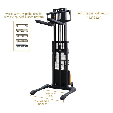 Semi Electric Pallet Stacker With Straddle Legs, 3300 Lb Capacity, 98 Inch Lift Height with adjustable fork width