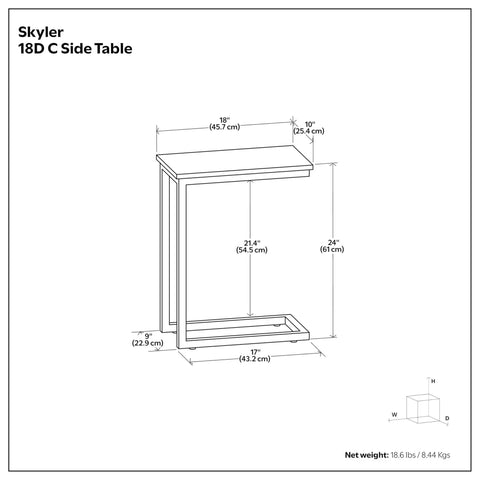 Diagram of C Shaped Metal Side Table With Genuine White Marble Top For Living Room Or Home Office Space Saving End Table That Slides Under Sofa 18 In Wide By 24 In High Sleek And Slick Modern Accent with dimensions