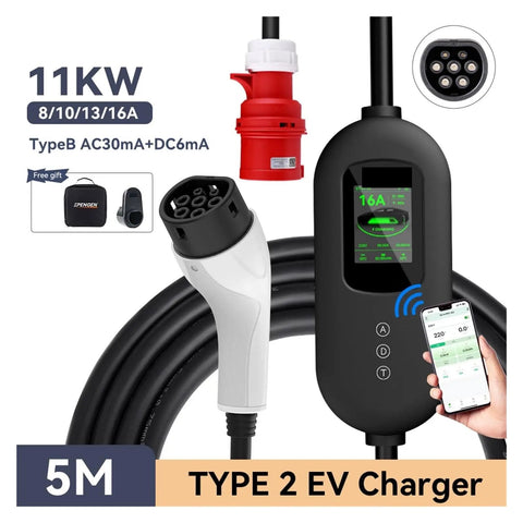 Portable 11Kw 16A Type 2 EVSE Charger With Three Phase Fast Charging And Safety Leakage Protection Smooth Plug And Play Setup for daily drives