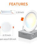 Features of Six Inch LED Recessed Lighting Kit with RGB and Tunable White Dimmable Color Changing Downlights shown in detail.