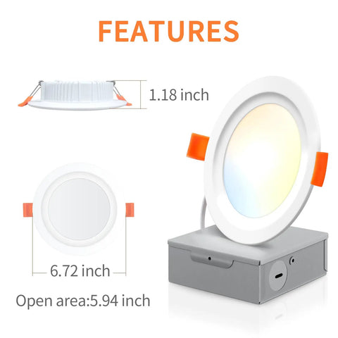 Features of Six Inch LED Recessed Lighting Kit with RGB and Tunable White Dimmable Color Changing Downlights shown in detail.