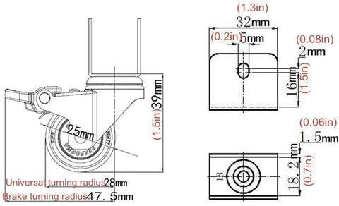 Technical drawing of Heavy Duty Plate Casters Set Of 4 Swivel Caster Wheels with U Bracket 1 Inch 25mm TPE Rubber dimensions