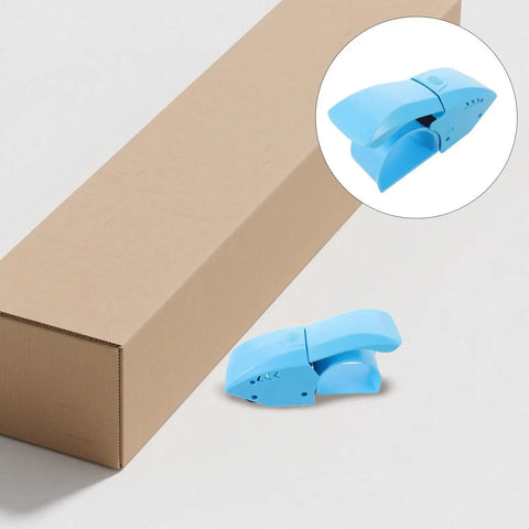 Ergonomic Packing Tape Dispenser And Cutter For Quick Box Sealing With Smooth Glide And Broad Tape Compatibility, blue plastic tape gun on carton