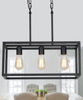 Three Light Black Linear Chandelier for Modern Dining Room and Kitchen Island Bar Rectangle Farmhouse Pendant Light Industrial Style Fixture with UL Listed featuring open rectangular frame with Edison bulbs