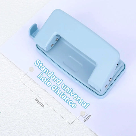Two Hole Paper Punch Metal Blue Desktop Puncher for File Folders and Loose Leaf Books showing standard hole distance measurement.
