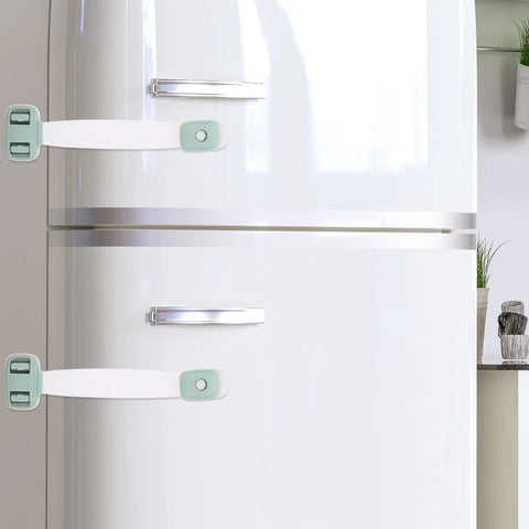 Kid Safe And Pet Proof Safety Cabinet Locks 5 Pack Made Of Durable ABS Material shown on refrigerator doors in kitchen
