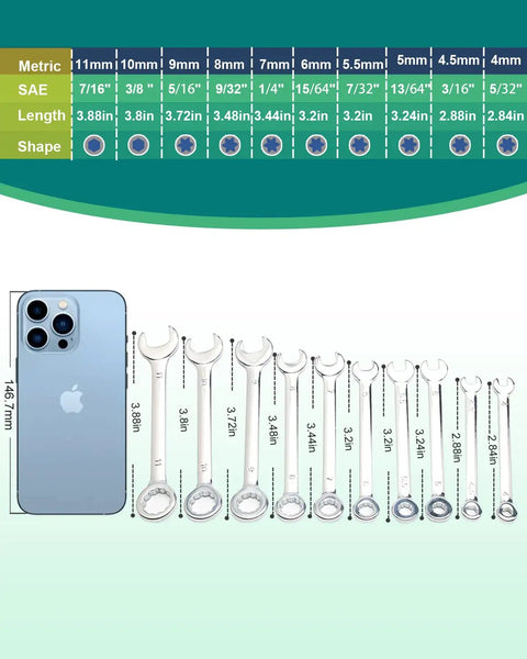 Compact Twenty Piece Wrench Set With Metric And SAE Sizes Open End Box End And Combination Wrenches Includes Storage Pouches And Key Chains For Easy Carry Ranging From Four Millimeter To Eleven Millimeter And Five Thirty Two Inch To Seven Sixteen Inch displayed with a size comparison.