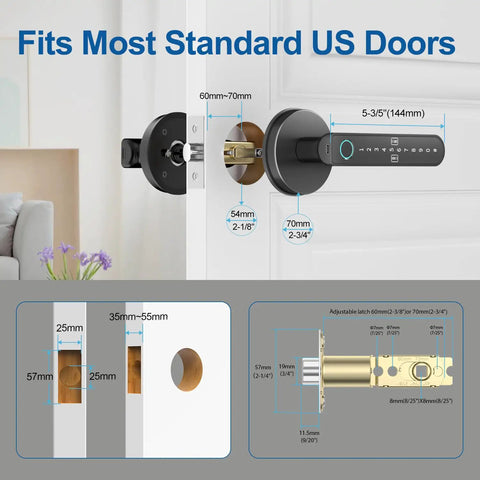 Smart Fingerprint Door Lock With 5 Ways To Unlock, Anti Peep Code, Adjustable Auto Lock shown with fitting dimensions for US doors.