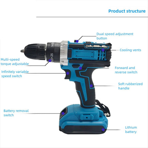 Badass 21V Cordless Drill Driver With Brushless Motor And 2000 RPM Adjustable Speed showcasing multi-speed adjustment and soft rubber handle.