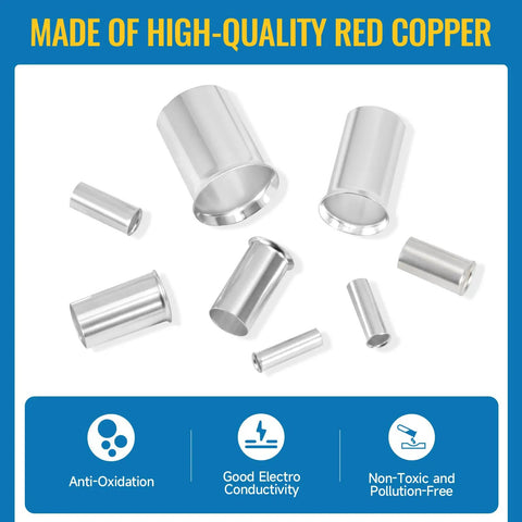 Pro Grade 166 Piece Wire Ferrules Kit With Silver Plated Copper Crimp Terminals shown with various terminal sizes