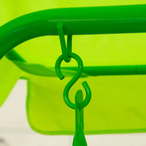 Close-up of green hook and canopy detail on Two Seat Kids Patio Swing With Adjustable Canopy And Safety Belt Frog Pattern Hanging Swing Bench