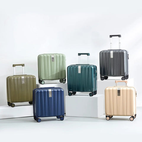 Underseat Carry On Luggage With Wheels 16 Inch Hard Shell Weekender Suitcase Travel Approved in multiple colors displayed on podiums