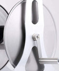 Close-up of the heavy duty wall mount metal garden hose reel featuring legit stainless steel storage rack handle.