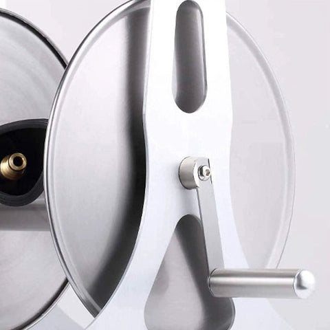 Close-up of the heavy duty wall mount metal garden hose reel featuring legit stainless steel storage rack handle.