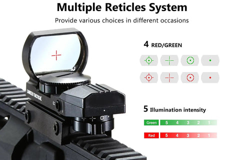 Hydra Full Size 177 Caliber CO2 Blowback Air Rifle With Red Dot Sight showing multiple reticle options and illumination settings