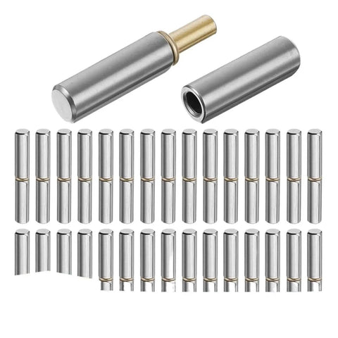 Pack Of Twenty Heavy Duty Weldable Barrel Hinges For Detachable Gates And Doors That Lock Solid And Snap Off With Zero Sweat, showing metal construction.