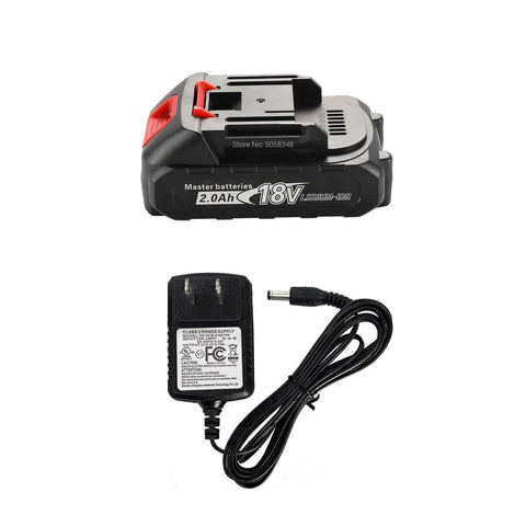 Heavy Hitter Cordless 2 In 1 Brad Nailer And Staple Gun With Beefy 2000Mah Battery And Snappy Charger showing 18V 2.0Ah lithium-ion battery and charger.