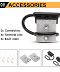 6 To 10 Gauge 50A Battery Quick Connect Wire Harness Kit with connectors, terminal pins, boot caps for winch auto car trailer use.