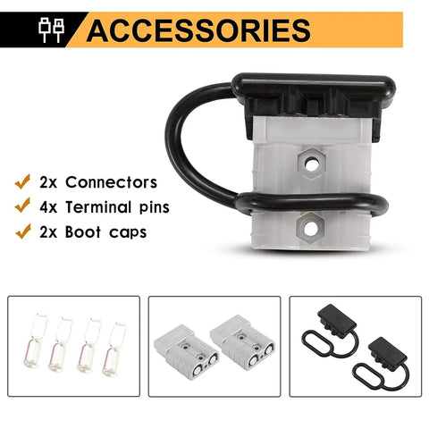 6 To 10 Gauge 50A Battery Quick Connect Wire Harness Kit with connectors, terminal pins, boot caps for winch auto car trailer use.
