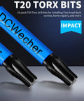 Close-up of 10 Pack 2 Inch T20 Torx Bit Set For Impact Driver Magnetic Star Design Pro Grade S2 Alloy Steel